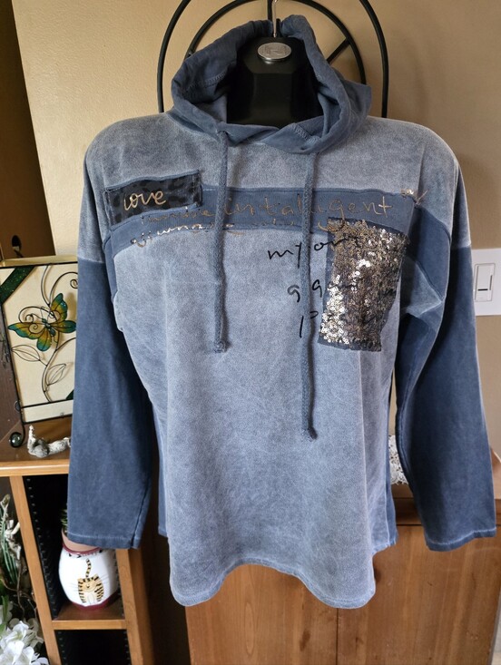 M Made In Italy Tops - Made In Italy Sequin Pullover Suede Like Fabric Lightweight Hoodie in Dusty Blue